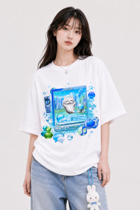 Unisex Frutiger Aero Cat Oversized Graphic T Shirt